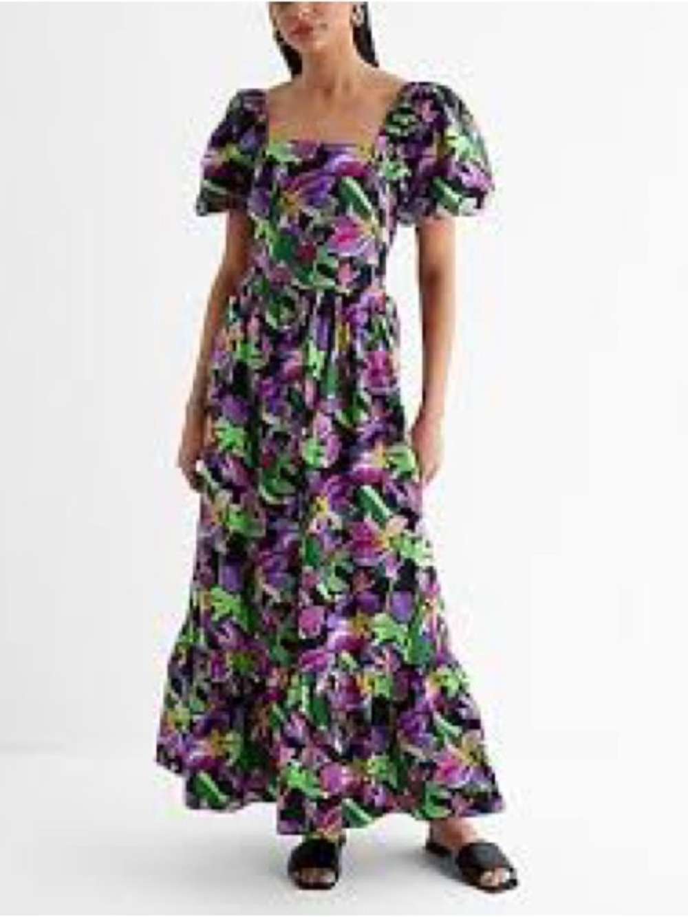 Express Purple & Green Floral Puff-Sleeve Maxi Dress